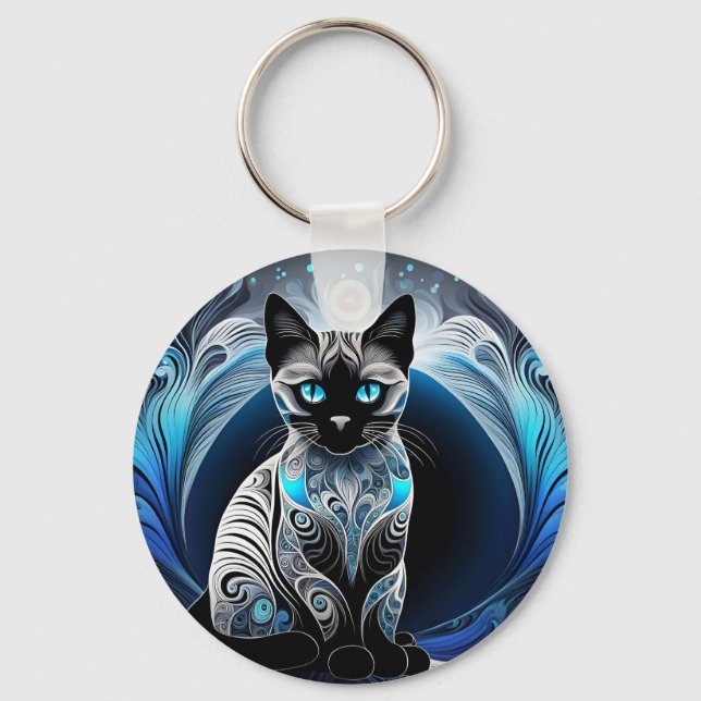 Siamese cat, black blue and white abstract key ring (Back)