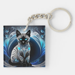 Siamese cat, black blue and white abstract key ring