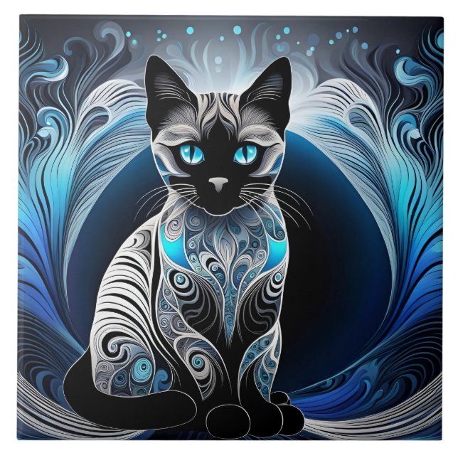 Siamese cat, black blue and white abstract tile (Front)