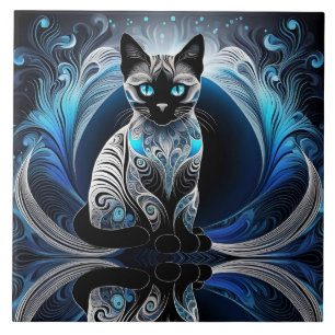 Siamese cat, black blue and white abstract tile