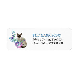 Siamese Cat Blue Flowers Return Address