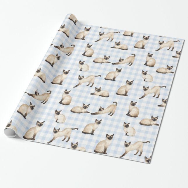 Siamese Cat Blue Gingham Watercolor Gift Wrap (Unrolled)