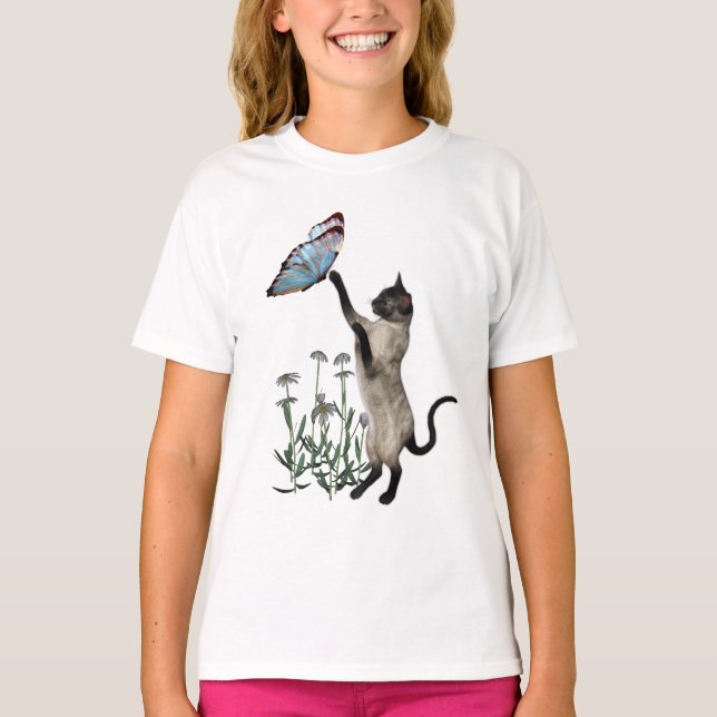 Siamese Cat Butterfly And Daisy Flowers T-Shirt (Front)