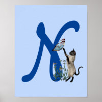 Siamese Cat Butterfly Cute Monogram Initial N