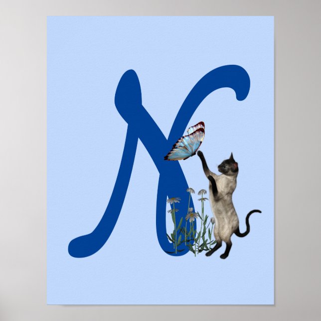 Siamese Cat Butterfly Cute Monogram Initial N Poster (Front)