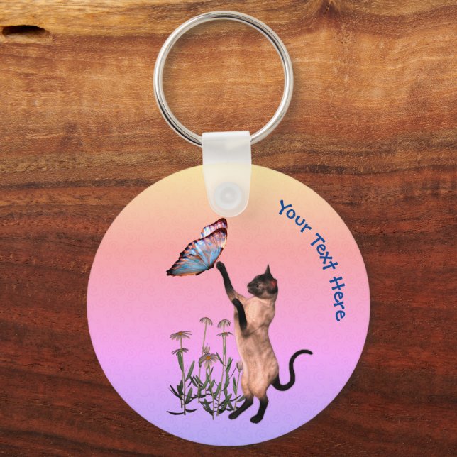 Siamese Cat Butterfly Daisies Personalised Key Ring (Front)
