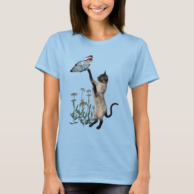 Siamese Cat Butterfly Daisy Flowers T-Shirt (Front)