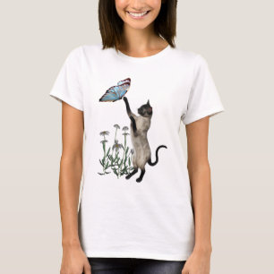 Siamese Cat Butterfly Daisy Flowers T-Shirt