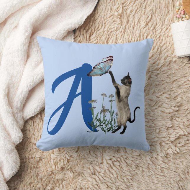Siamese Cat Butterfly Monogram Initial A Cushion (Blanket)