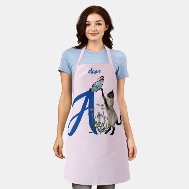 Siamese Cat Butterfly Monogram Initial A Name Apron (Worn)