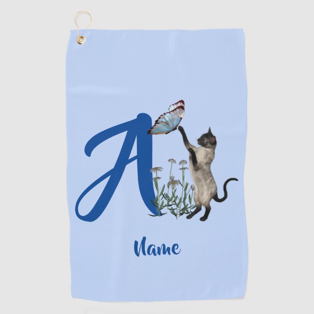 Siamese Cat Butterfly Monogram Initial A Name Golf Towel (Front)
