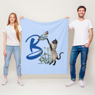 Siamese Cat Butterfly Monogram Initial B Fleece Blanket