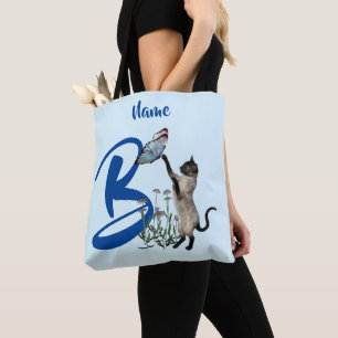 Siamese Cat Butterfly Monogram Initial B Name Tote Bag