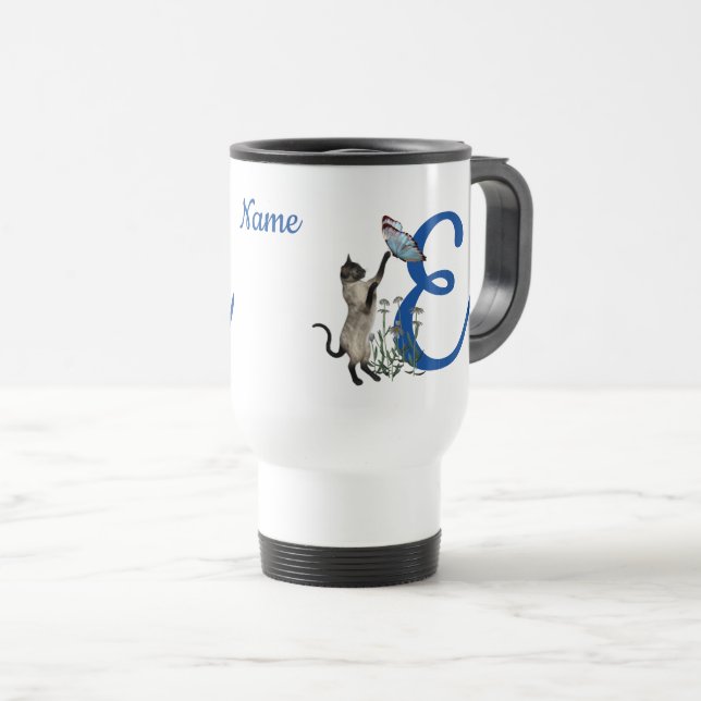 Siamese Cat Butterfly Monogram Initial E Name  Travel Mug (Front Right)