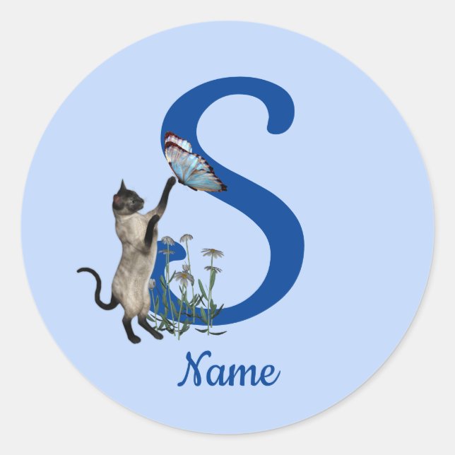 Siamese Cat Butterfly Monogram Initial S Name Classic Round Sticker (Front)