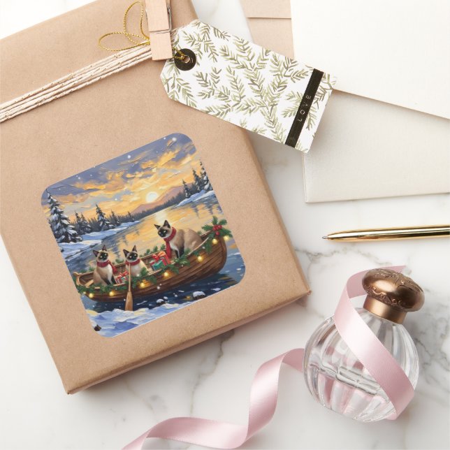 Siamese Cat Christmas Boat Holiday Square Sticker (Gifting)