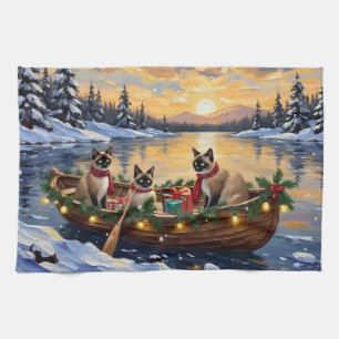 Siamese Cat Christmas Boat Holiday Tea Towel