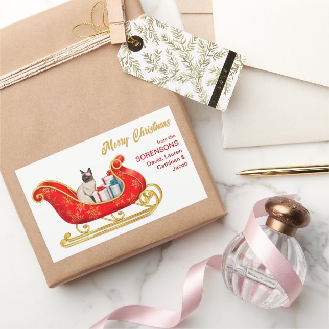 Siamese Cat Christmas Gift Sleigh Rectangular Sticker (Gifting)