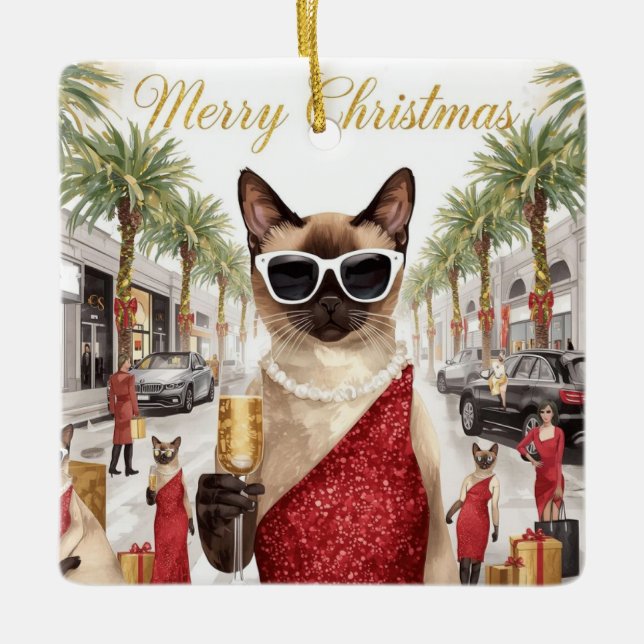 Siamese Cat Christmas Greeting from California Ceramic Ornament (Front)
