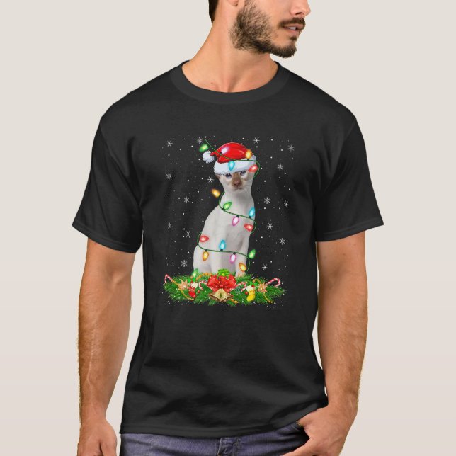 Siamese Cat Christmas Lights Funny Santa Hat Cat X T-Shirt (Front)