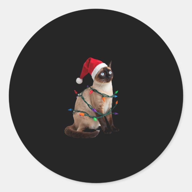 Siamese Cat Christmas Lights Xmas Cat Lover T-Shir Classic Round Sticker (Front)