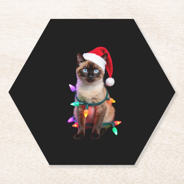 Siamese Cat Christmas Lights Xmas Cat Lover T-Shir Paper Coaster (Front)