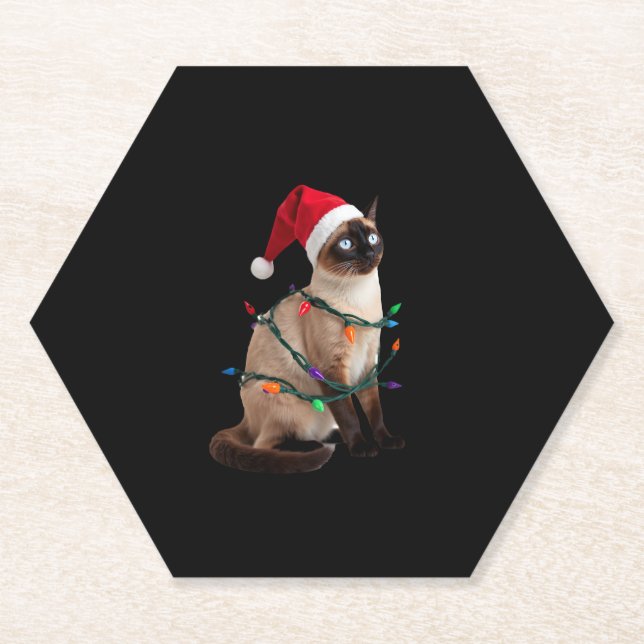 Siamese Cat Christmas Lights Xmas Cat Lover T-Shir Paper Coaster (Front)
