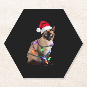 Siamese Cat Christmas Lights Xmas Cat Lover T-Shir Paper Coaster