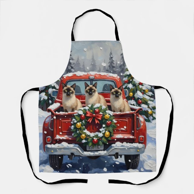Siamese Cat Christmas Red Truck Holiday Apron (Front)
