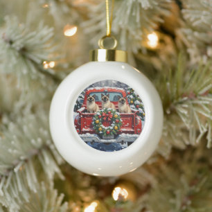 Siamese Cat Christmas Red Truck Holiday Ceramic Ball Christmas Ornament