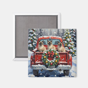 Siamese Cat Christmas Red Truck Holiday Magnet
