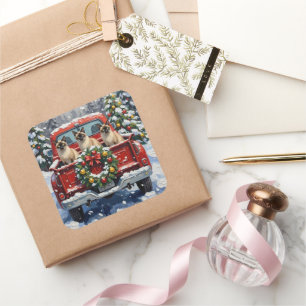 Siamese Cat Christmas Red Truck Holiday Square Sticker