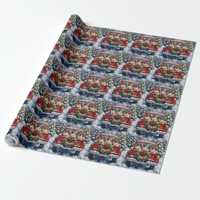 Siamese Cat Christmas Red Truck Holiday Wrapping Paper (Unrolled)
