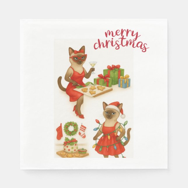 Siamese Cat Christmas Themed  Napkin (Front)