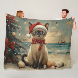 Siamese Cat Christmas Vintage Beach Fleece Blanket