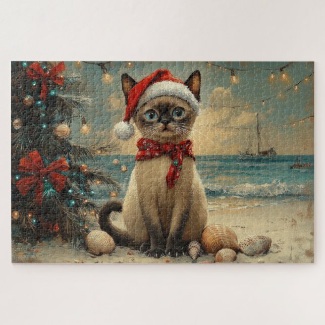 Siamese Cat Christmas Vintage Beach  Jigsaw Puzzle (Horizontal)