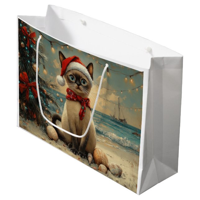 Siamese Cat Christmas Vintage Beach  Large Gift Bag (Front Angled)