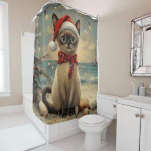 Siamese Cat Christmas Vintage Beach  Shower Curtain