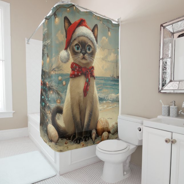Siamese Cat Christmas Vintage Beach  Shower Curtain (In Situ)