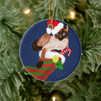 Siamese cat Christmas with stocking and Santa hat Ceramic Tree Decoration