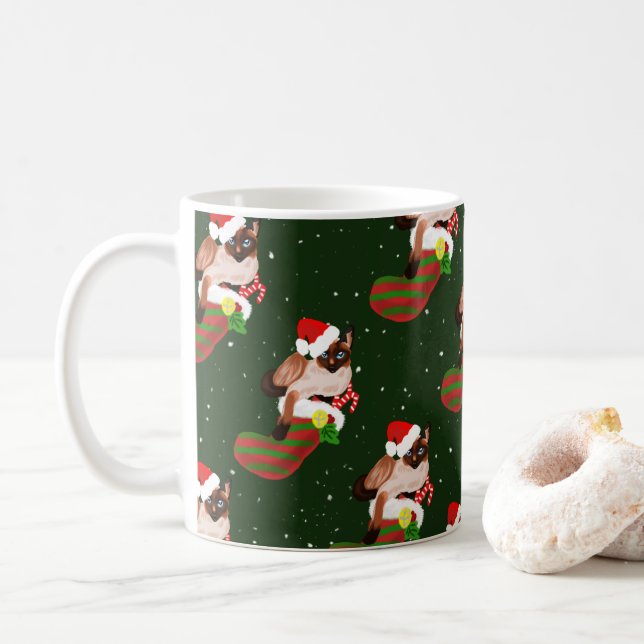 Siamese cat Christmas with stocking and Santa hat Coffee Mug (With Donut)