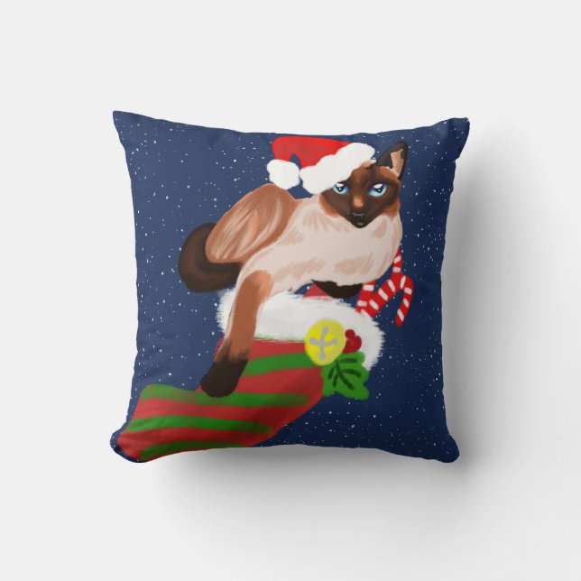 Siamese cat Christmas with stocking and Santa hat Cushion (Front)