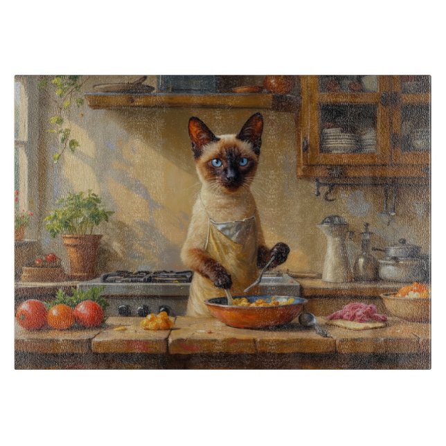 Siamese Cat Cooking in Kitchen Cutting Board (Front)