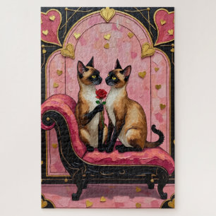 Siamese Cat Couple Art Deco Valentine's Day Jigsaw Puzzle