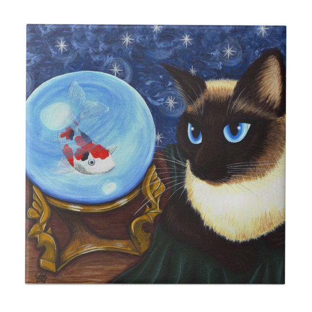 Siamese Cat Crystal Ball Koi Fortune Fantasy Tile (Front)