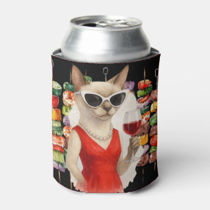 Siamese Cat Drinking Wine at Barbecue Party  Can Cooler