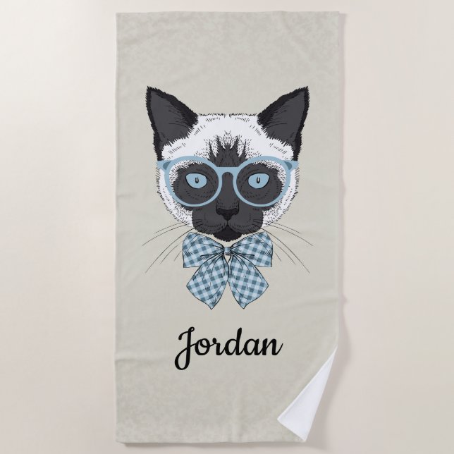 Siamese Cat Fashion Smart | Add Your Name Beach Towel (Front)
