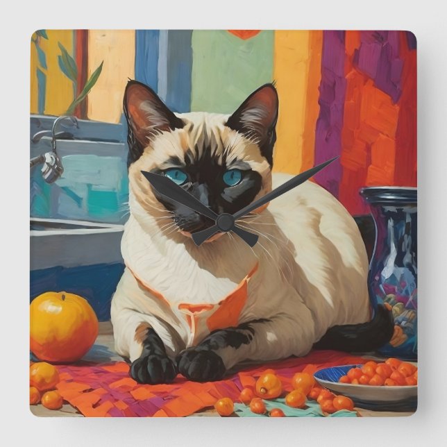 Siamese Cat Fauvism Style Square Wall Clock (Front)