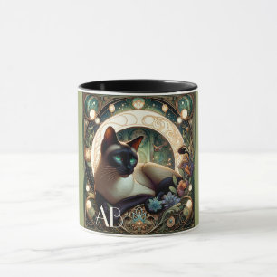 Siamese Cat Floral Green Art Nouveau Mug