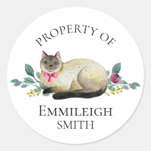 Siamese Cat Floral Property of Bookplate Classic Round Sticker